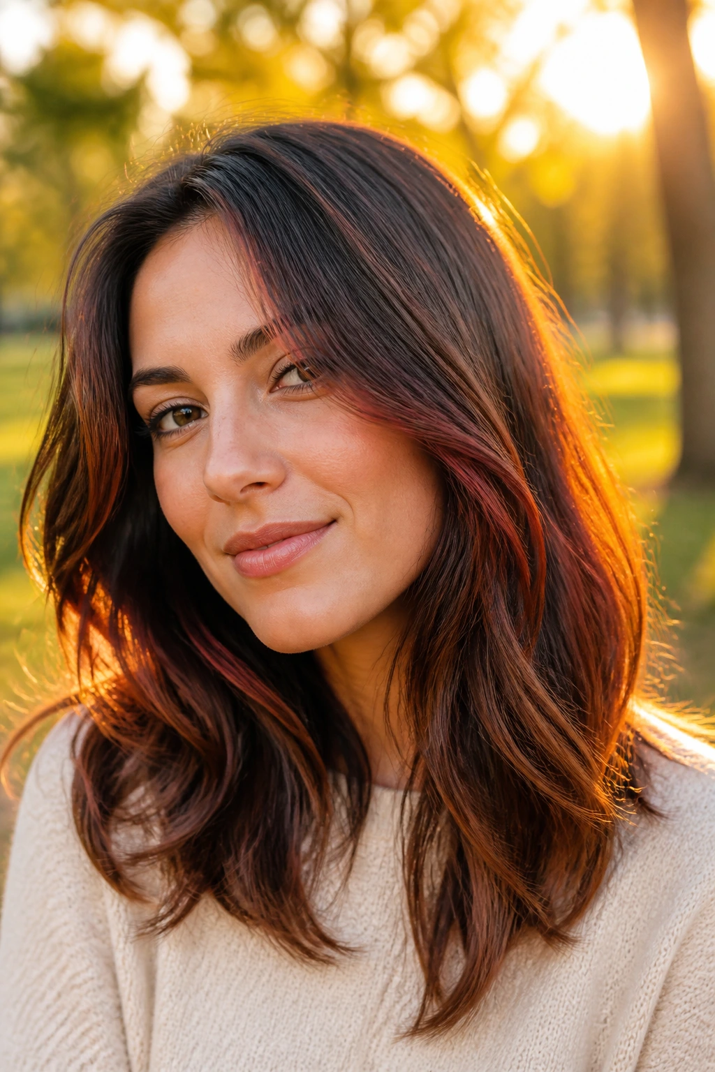 Close-up portrait of a real woman with ginger-spiced brunette hair in outdoor golden-hour light.
