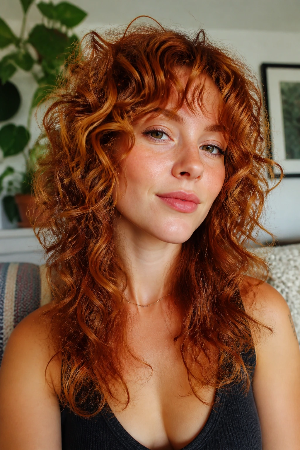 Close-up portrait of a real person with curly ginger wolf cut
