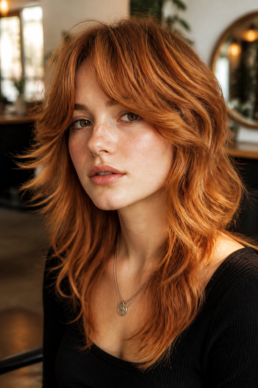 Real person wearing Curtain-Bang Ginger Wolf Cut with cheekbone-framing curtain bangs in soft ginger color.