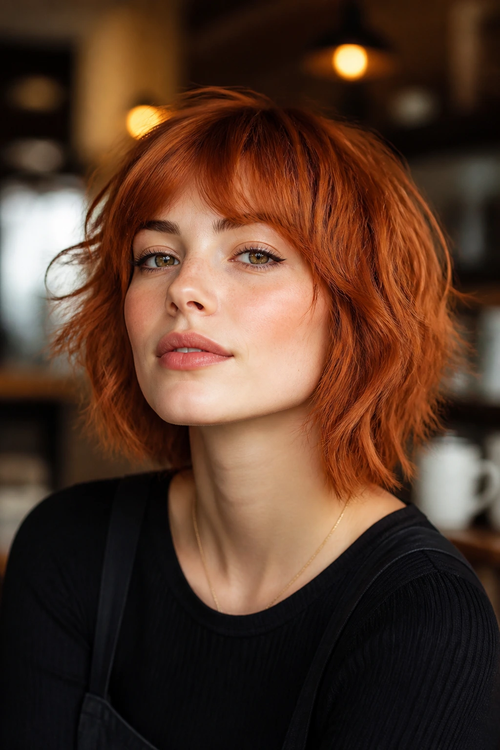Close-up portrait of a real person with Ginger Wolf Cut on a Short Length, chin-length ginger hair
