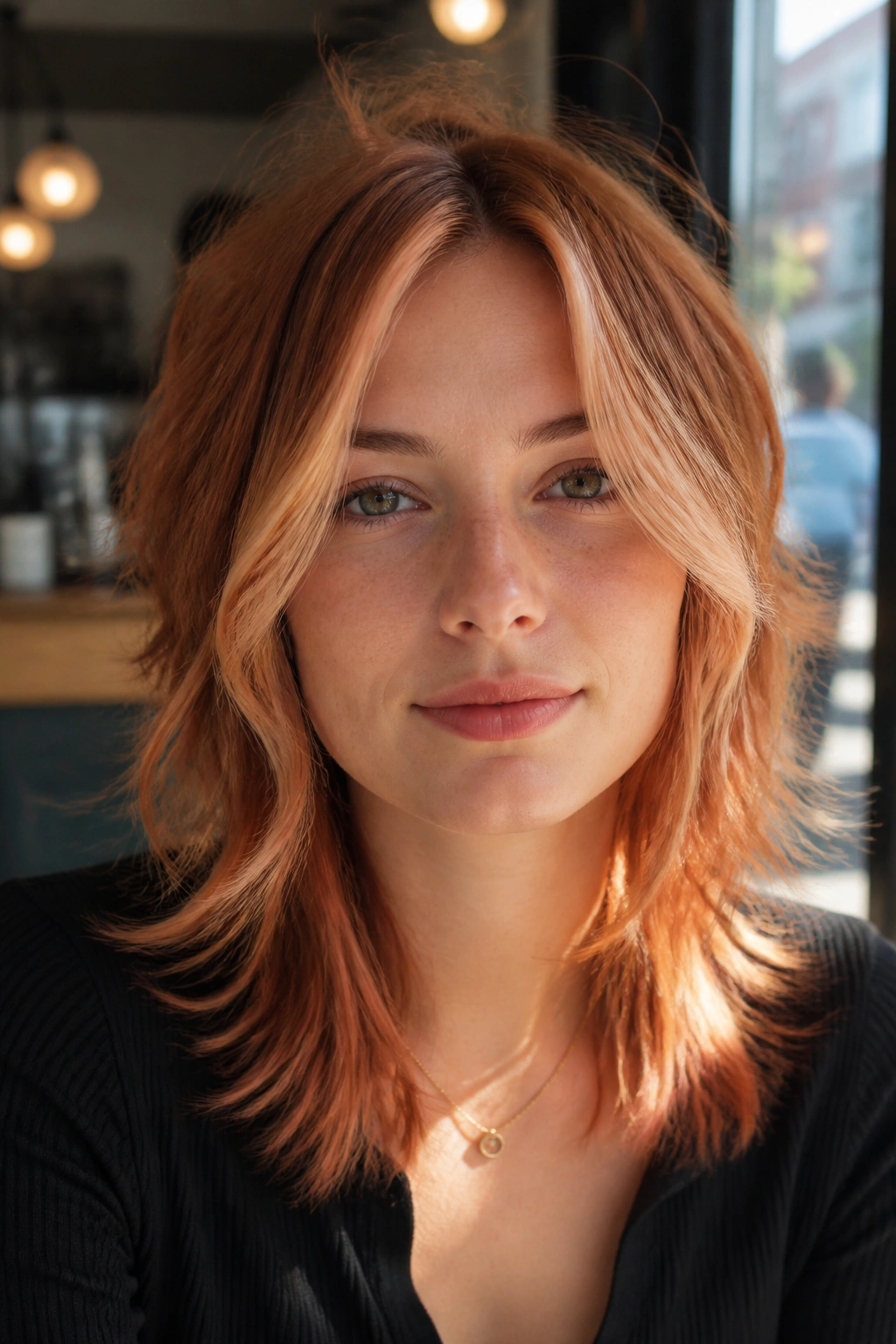 Portrait of real woman with money-piece highlights in a ginger wolf cut