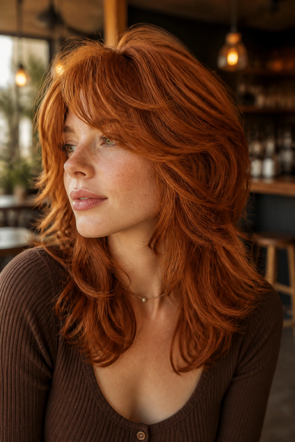 Portrait of real woman with thick ginger wolf cut and internal layers in warm cafe light