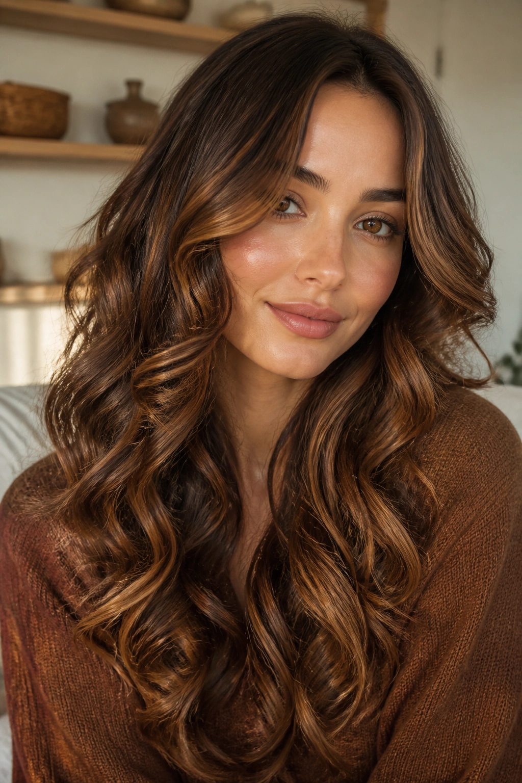 Close-up of a real woman with copper-gold ribbons in gingerbread brunette hair