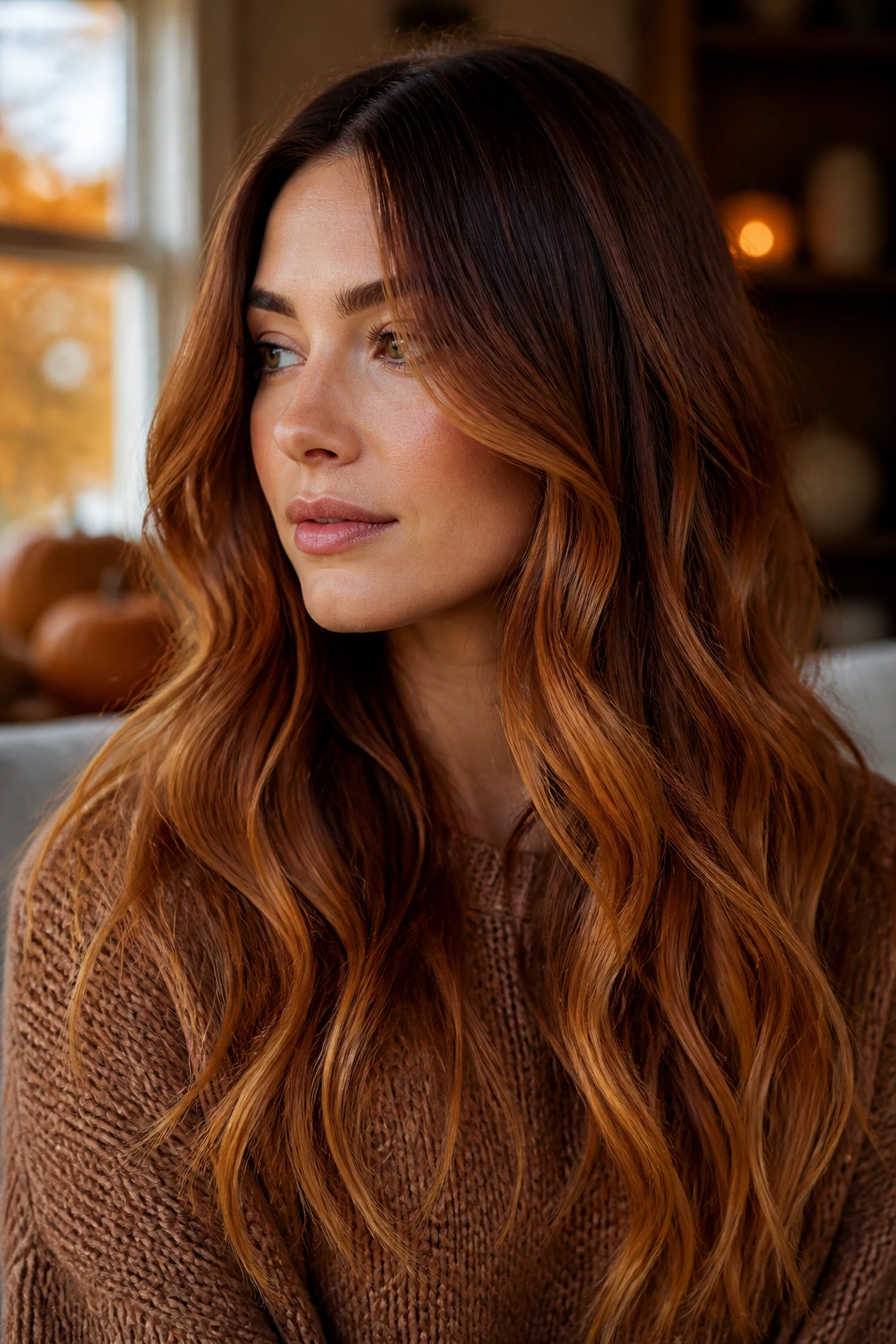 Portrait showing a gingerbread blend hair with chocolate roots and ginger/gold ends.