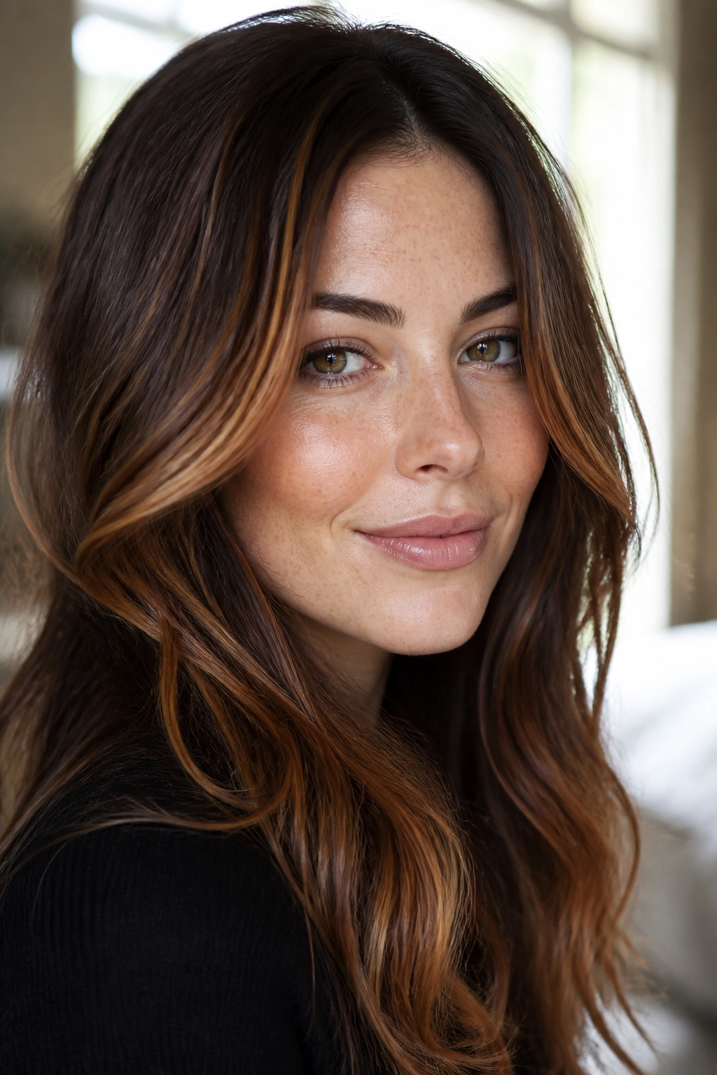 Close-up of a real woman with gingered brunette hair and warm face-framing glow