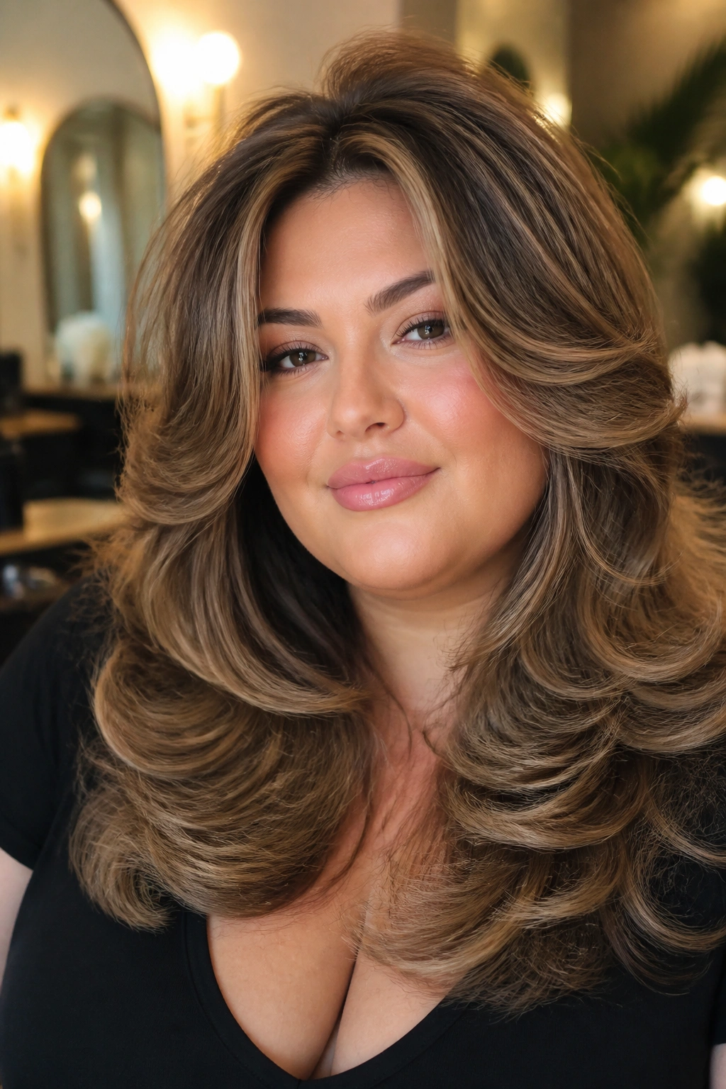 Portrait of a real woman with a glam blowout butterfly cut and big volume in a stylish setting