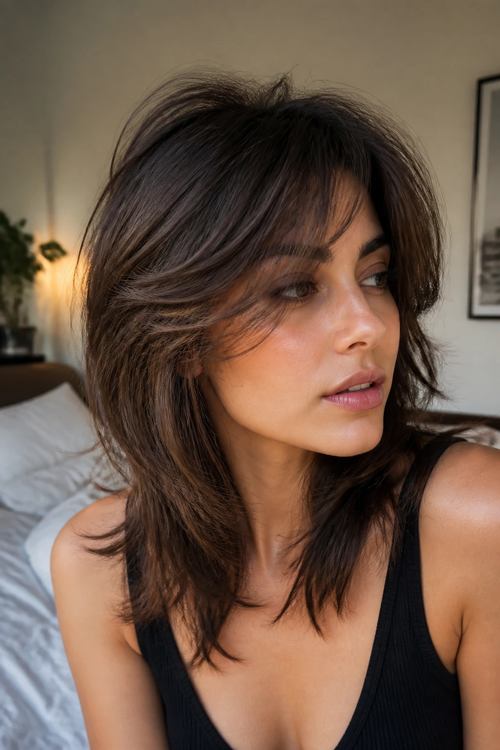 Close-up portrait of a real woman with a glam shaggy wolf cut and soft crown volume in warm daylight.