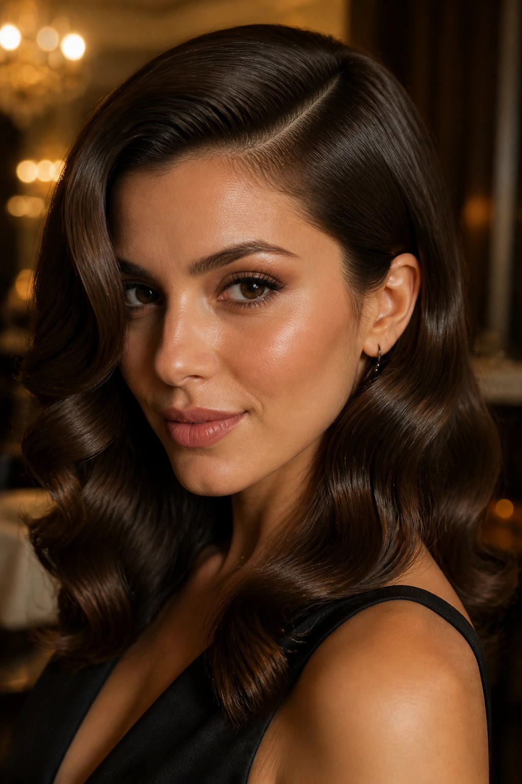 Real person with glam side-part waves and glossy finish hairstyle.