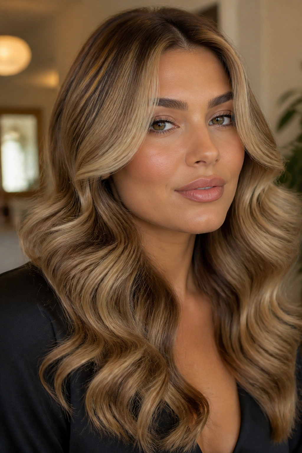 Close-up of a real woman with brushed-out glamorous waves