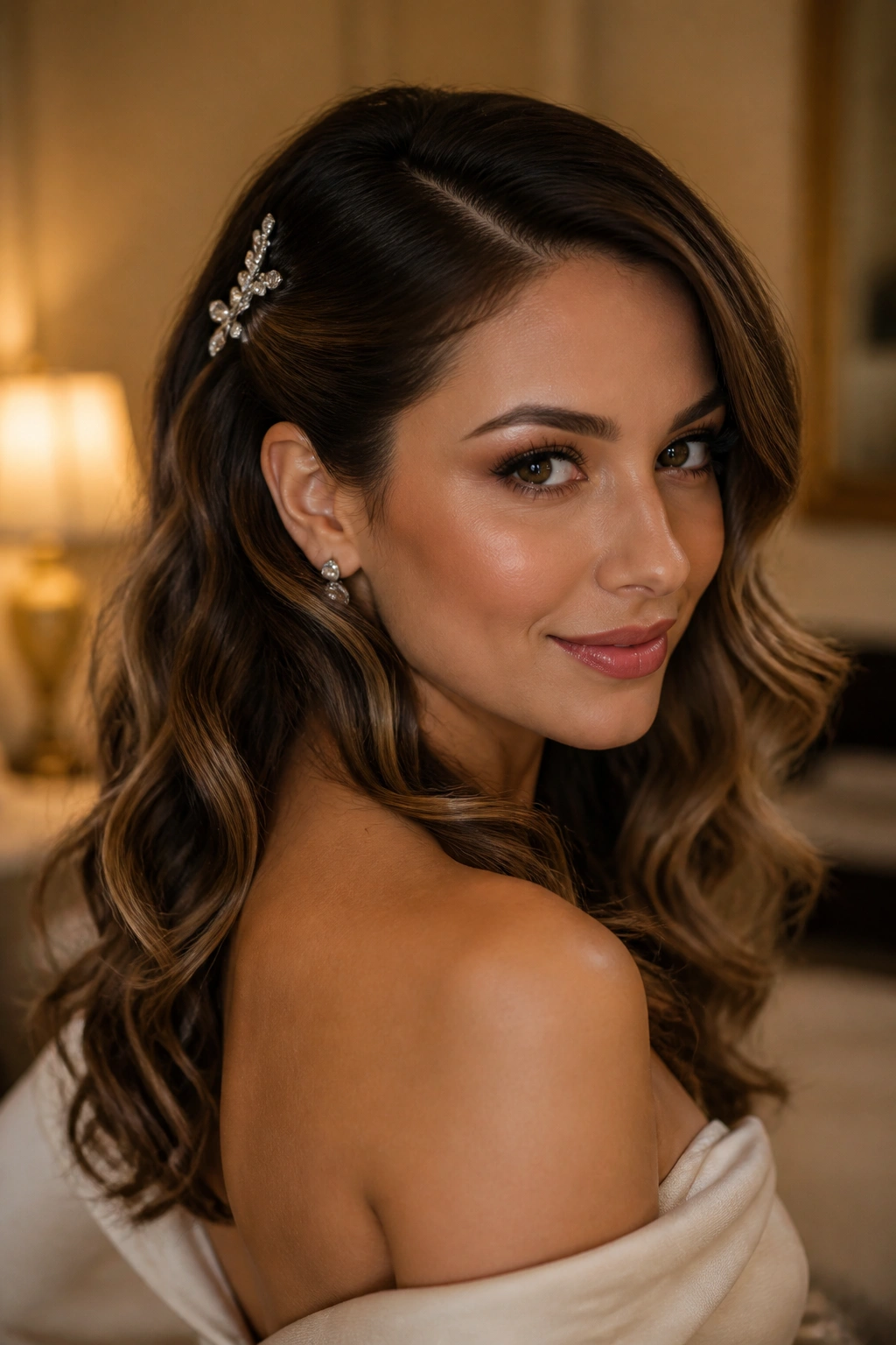 Real woman wearing glam waves with a crystal hair clip near the temple