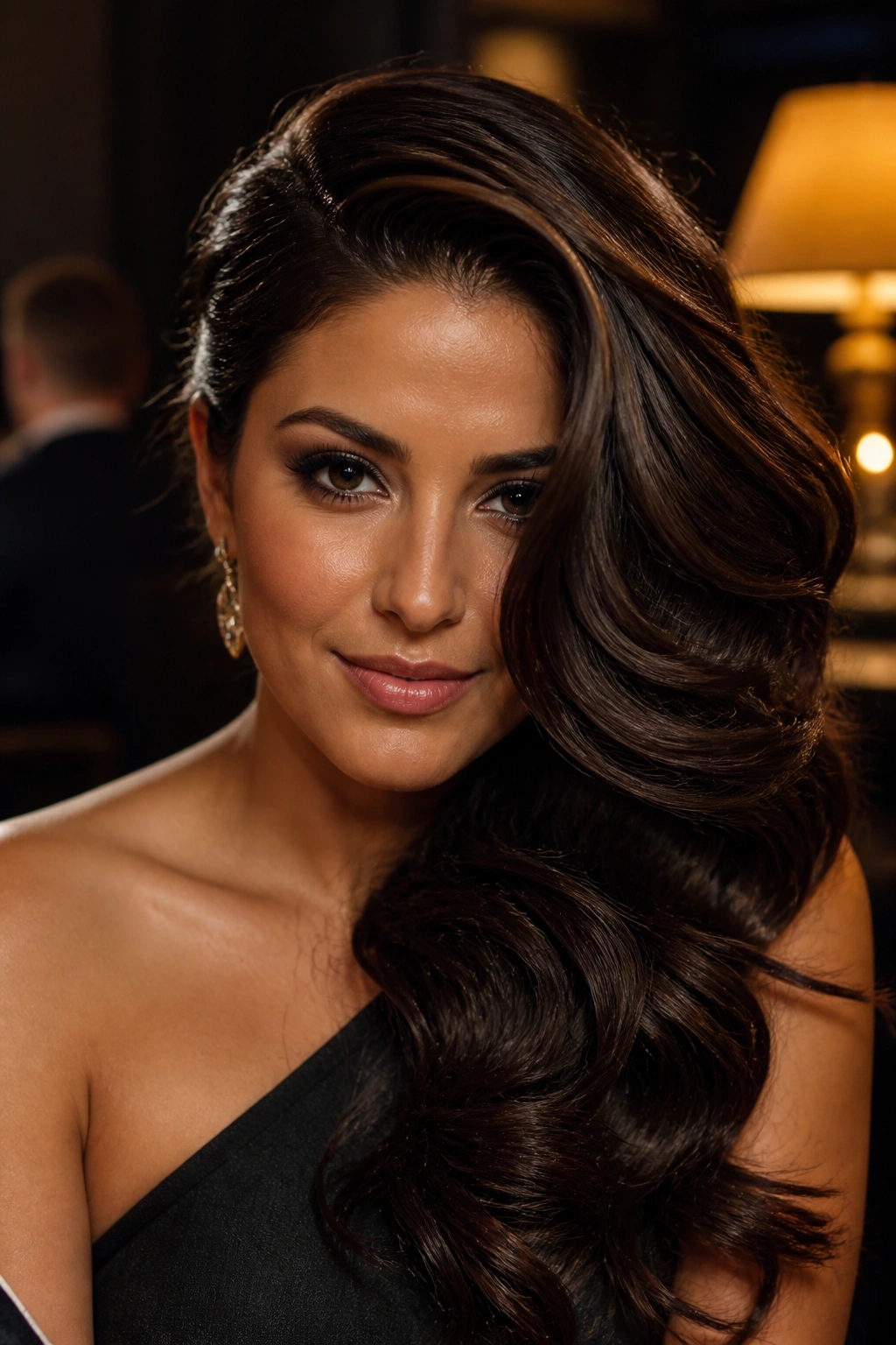 Real woman with deep side-swept glam waves in warm evening light