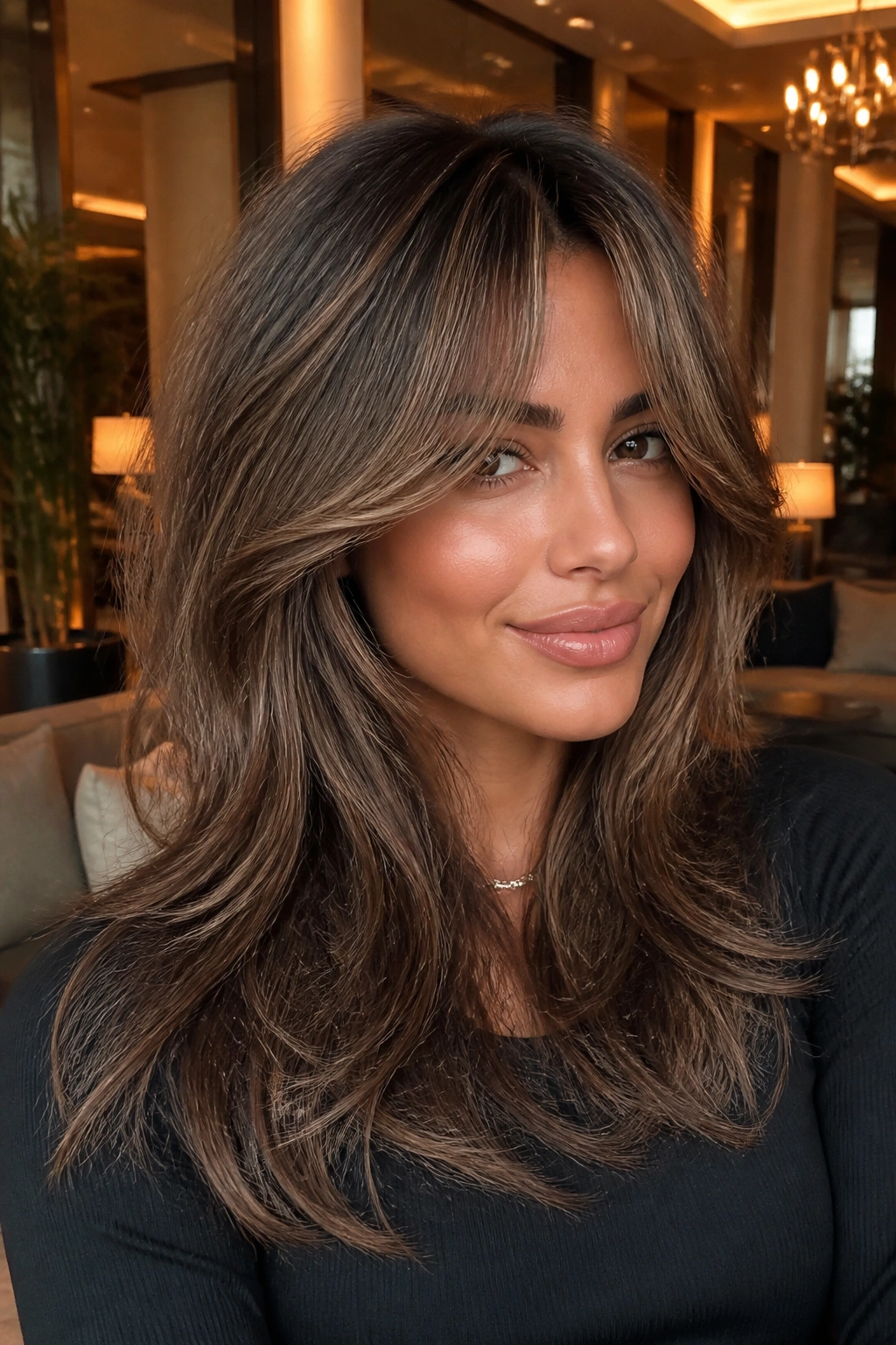 Close-up portrait of a real woman with glam wolf cut and blowout curtain bangs in a luxe setting