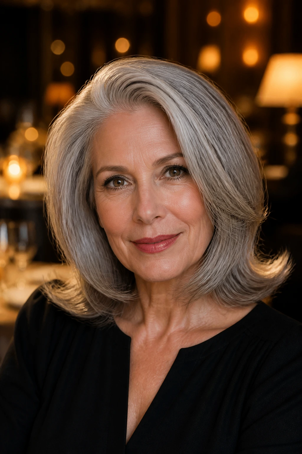 Close-up portrait of a real woman with a glamour gray blowout and flipped ends