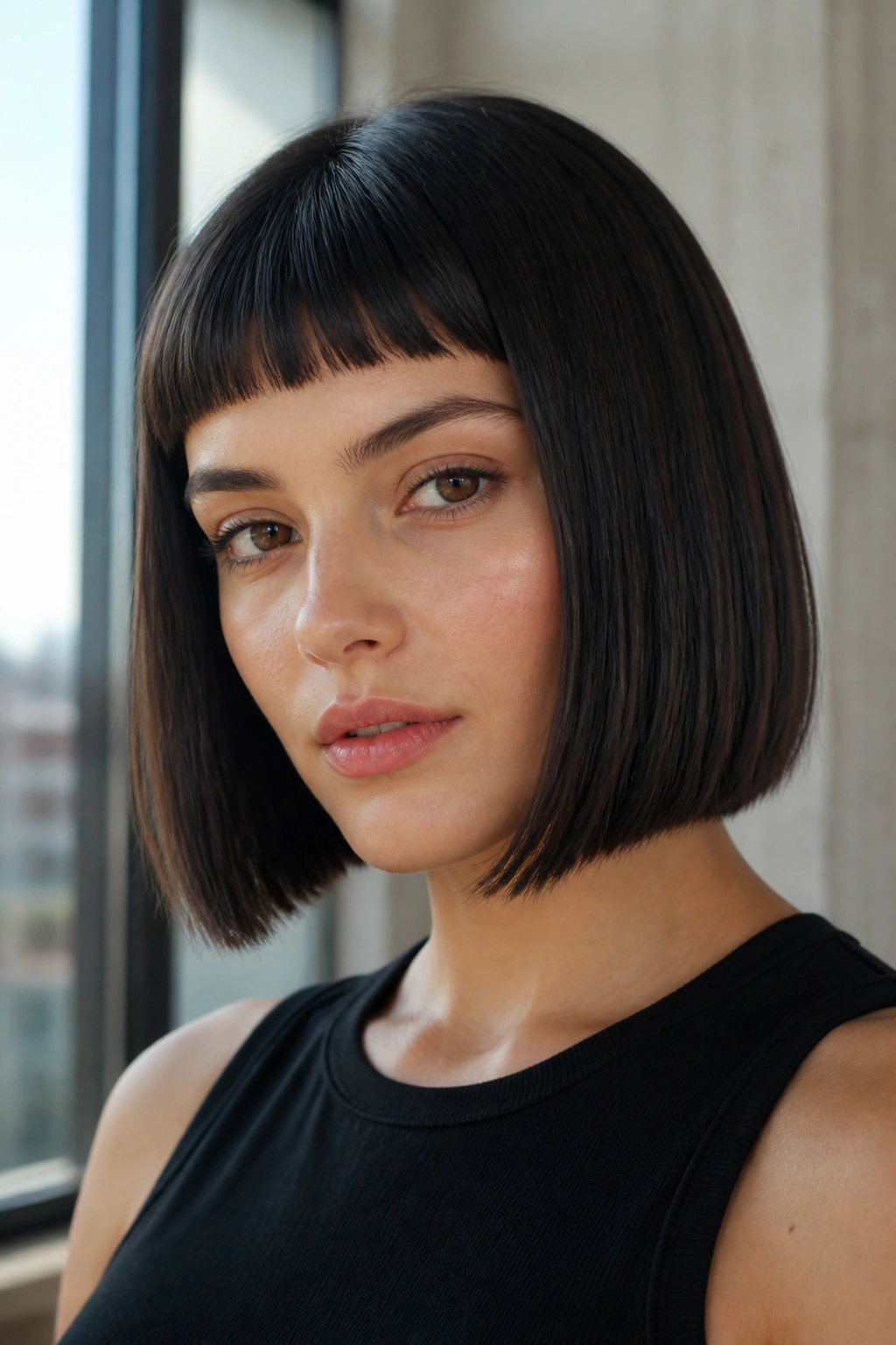 Portrait of a woman with a sleek glass-blowout bob and micro bangs