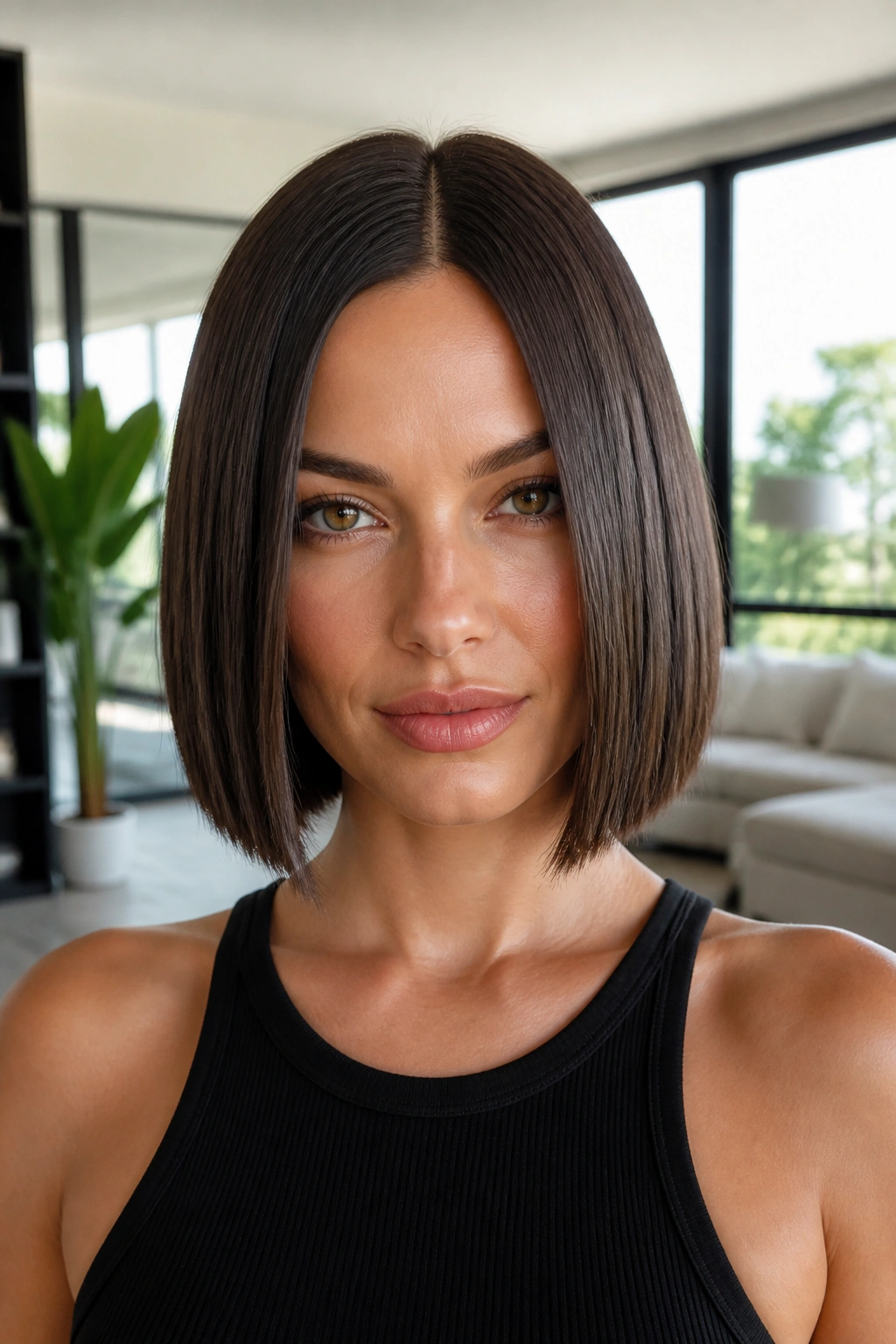 Portrait of woman with sleek glass bob and center part in bright living room.