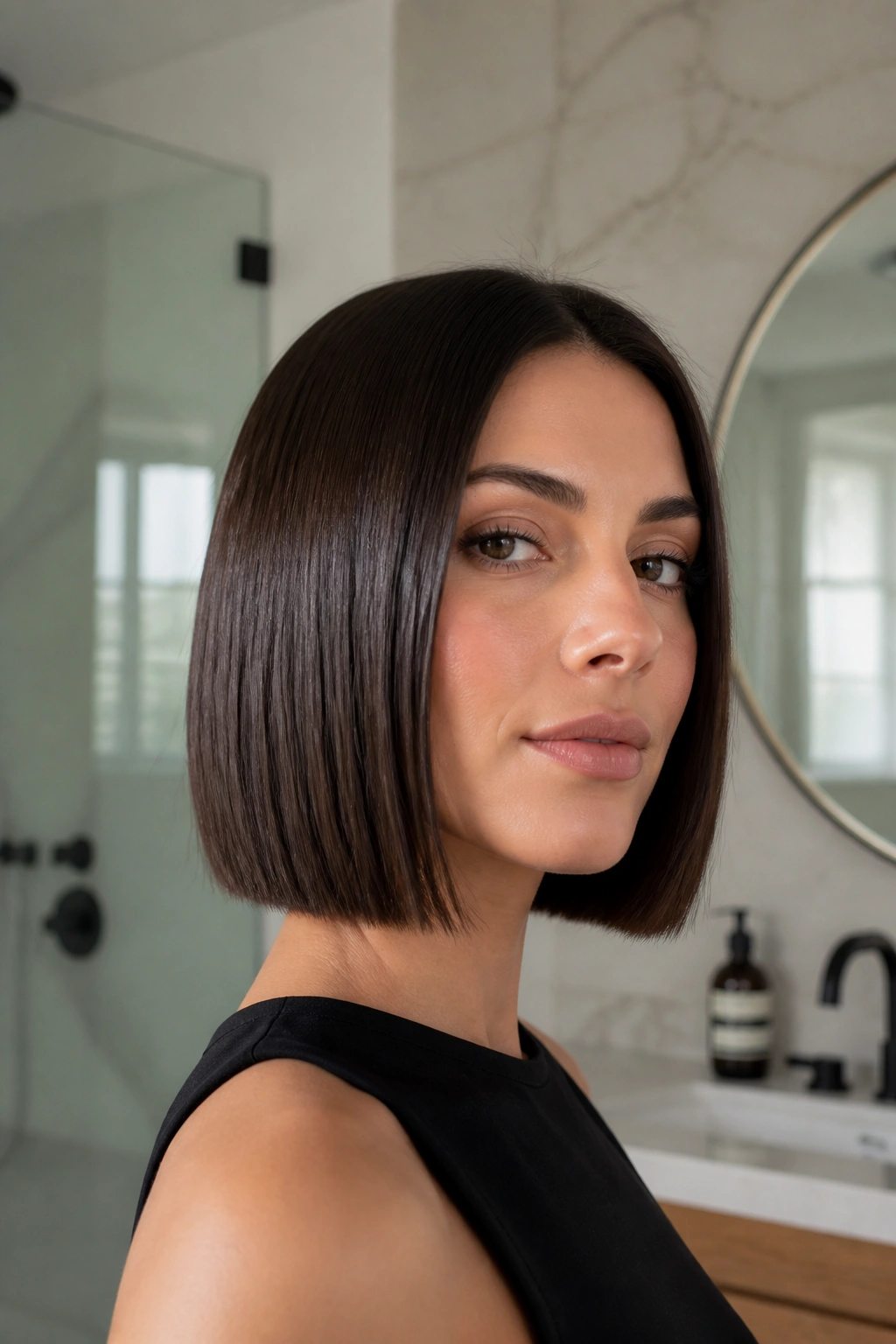 Close-up of a real woman with a glassy, sleek bob.