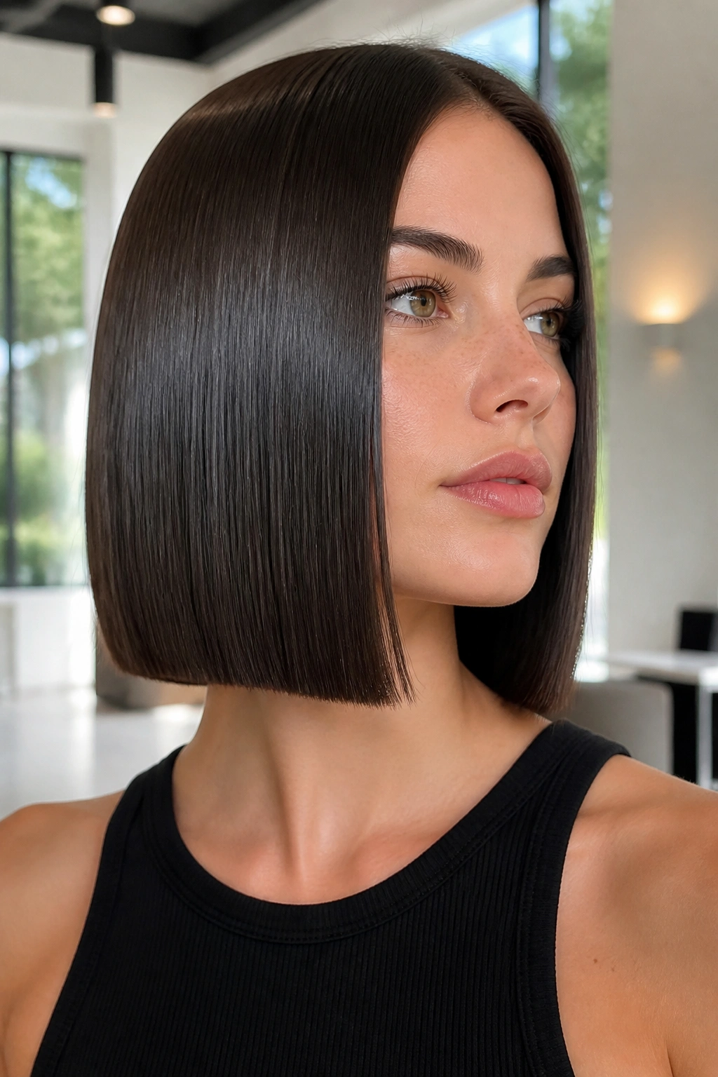Close-up of a real woman with a glassy glass-hair blunt bob and high shine