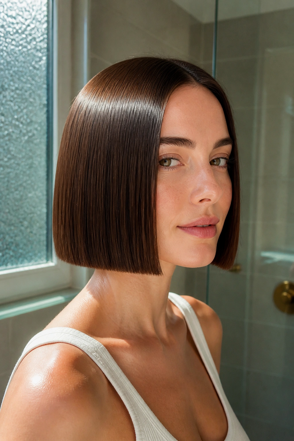 Close-up of a real woman with a glass-hair bob and micro-trimmed ends in soft window light