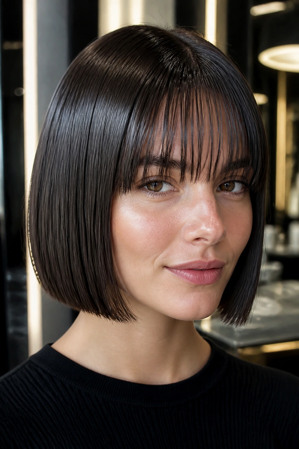 Real person with glossy glass-hair bob and piecey brow-skimming bangs