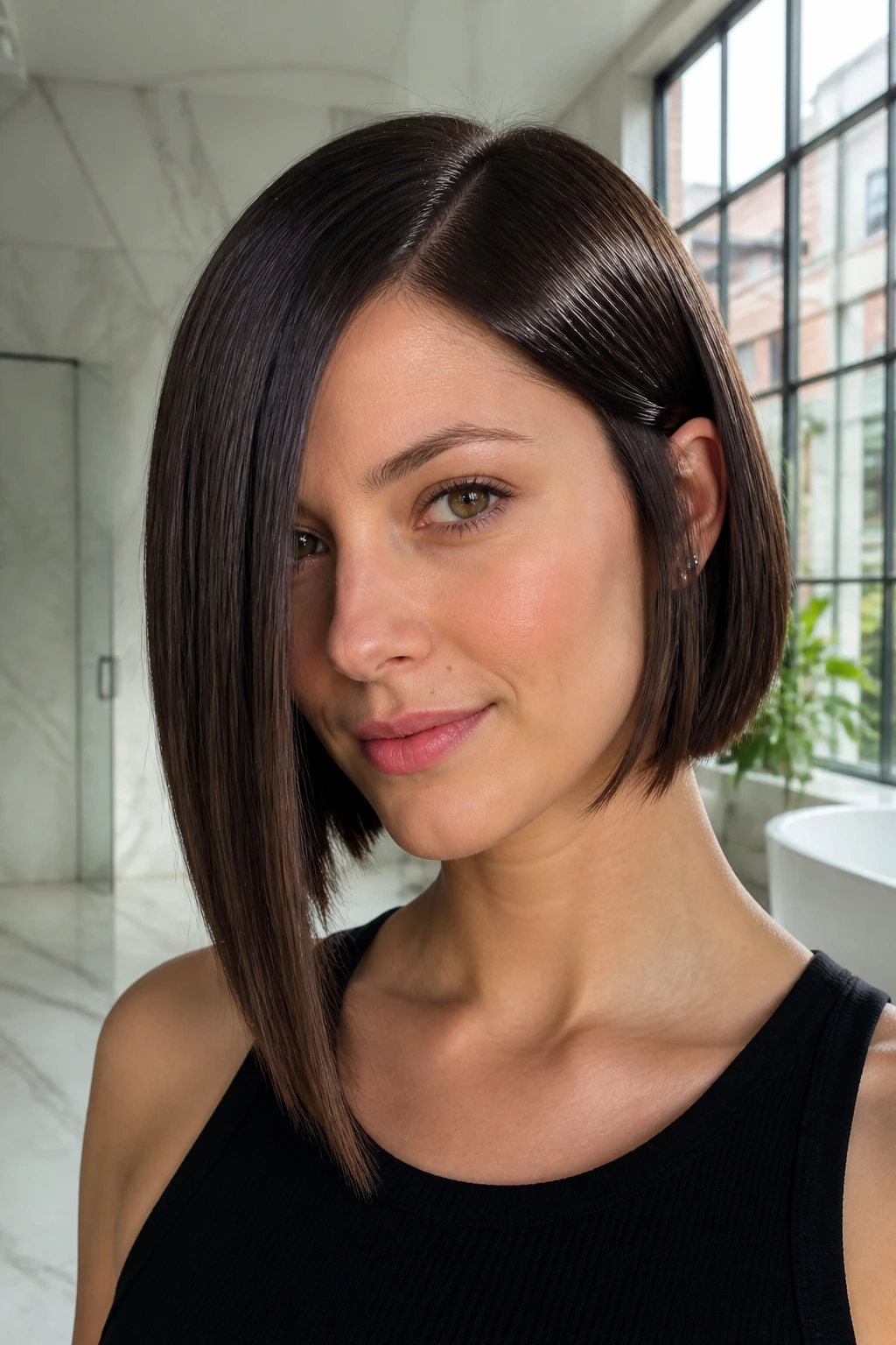 Close-up of a woman with a glossy glass-hair asymmetric bob in bright light