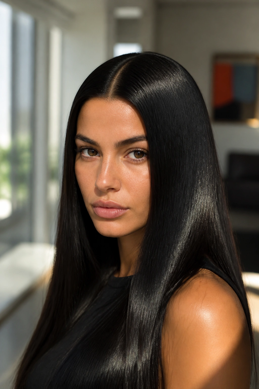 Close-up portrait of a real woman with a sleek, glassy center-part hairstyle.