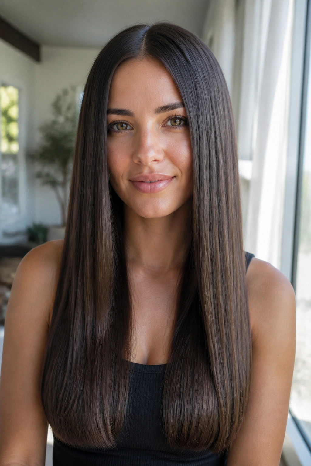 Portrait of a real person with center-part, glass-smooth long hair