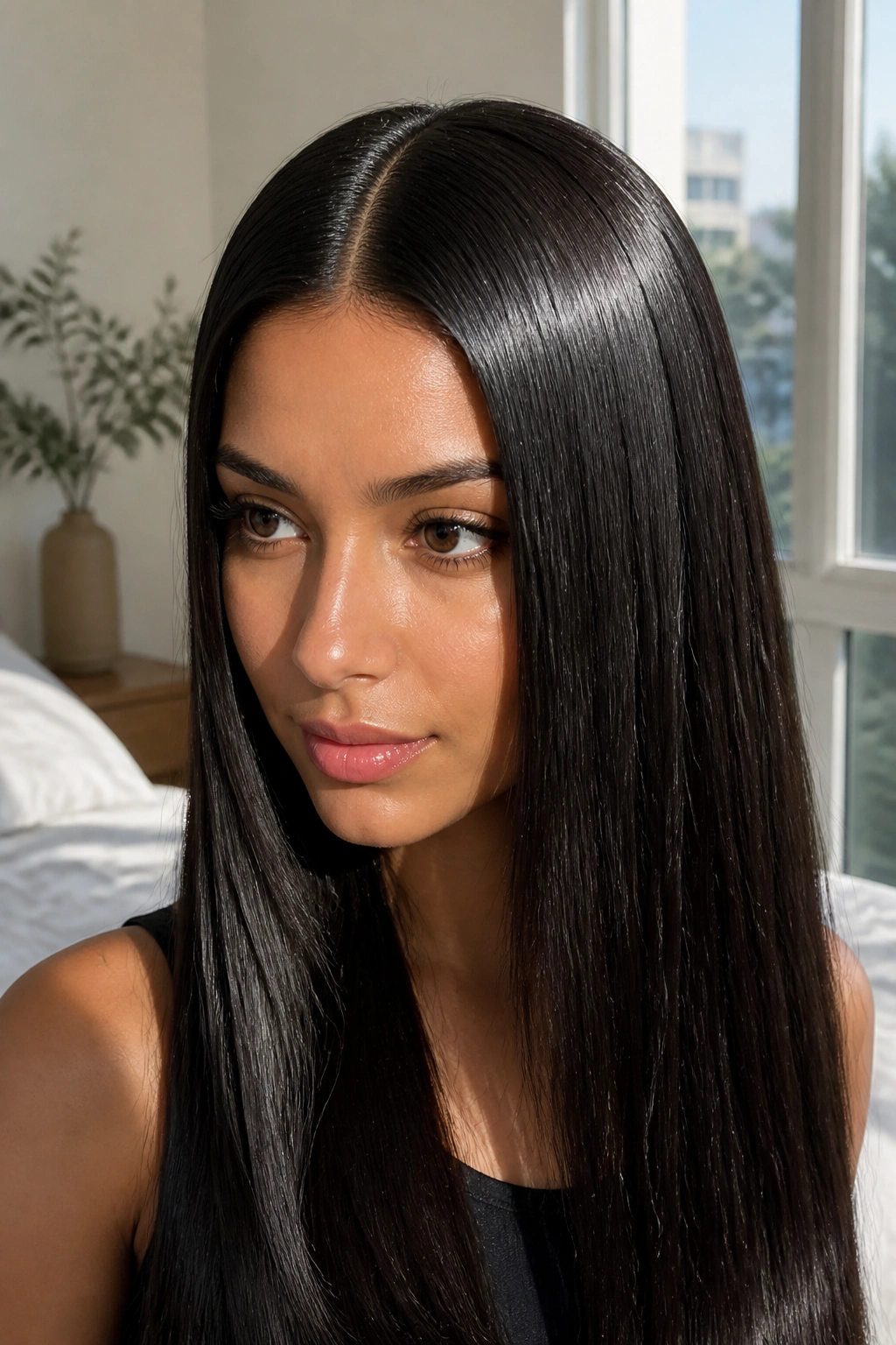 Close-up of a real woman with a glassy center-parted sleek hairstyle.