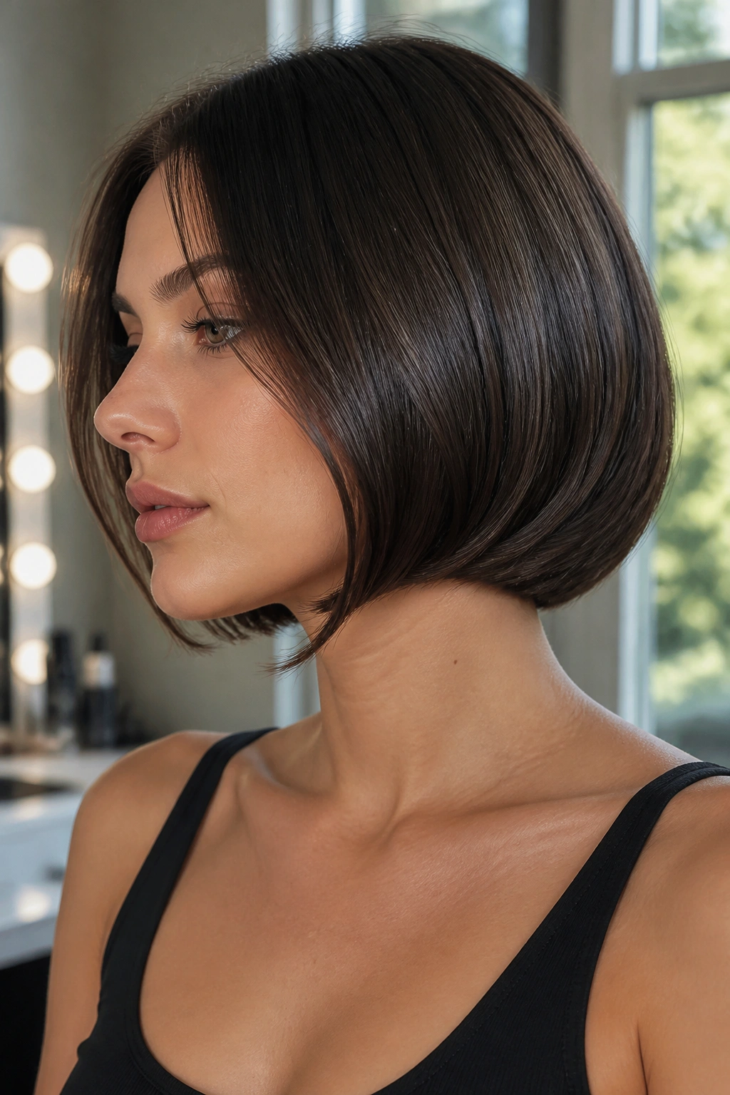 Close-up of a real woman with a sleek glass-hair faux bob, tucked at the nape with glossy ends.