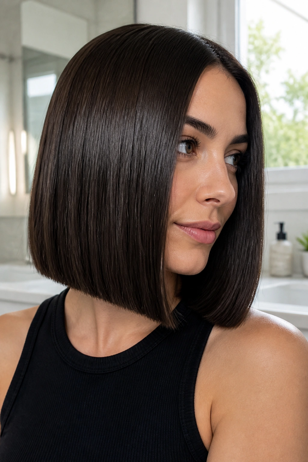Close-up of a real woman with a glossy glass hair lob and polished shine in a bright bathroom.