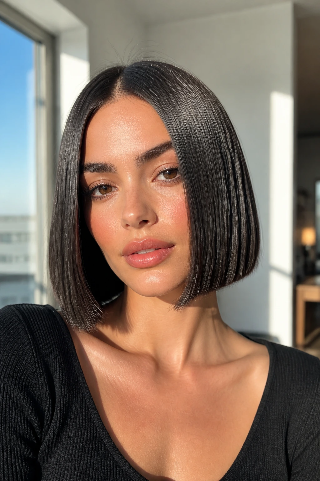 Close-up portrait of a real woman with a glass-hair middle-part bob and high shine