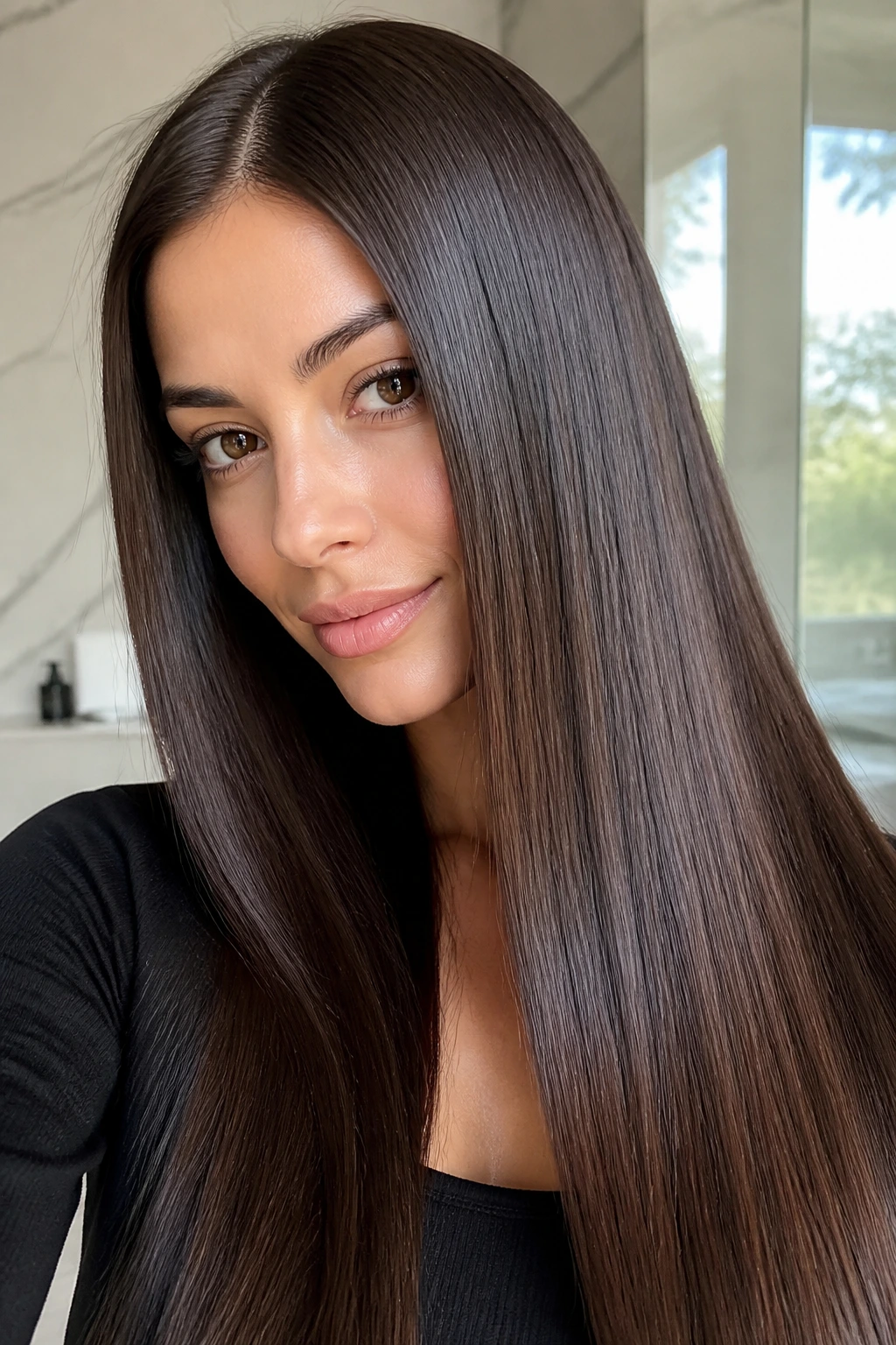 Woman with glass hair straight style in bright bathroom lighting