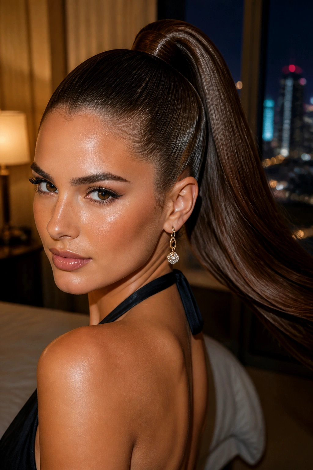 Close-up of a real woman with glass-sheen high ponytail and wrapped base.