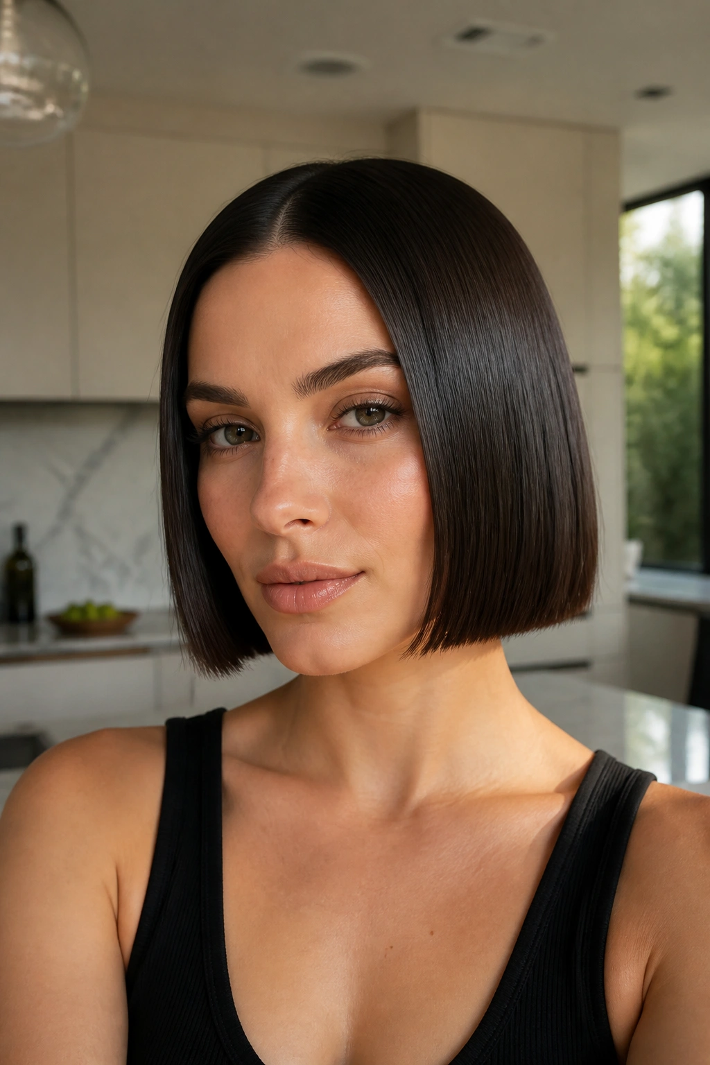 Close-up of a real woman with glass-sleek center-part bob in bright kitchen light