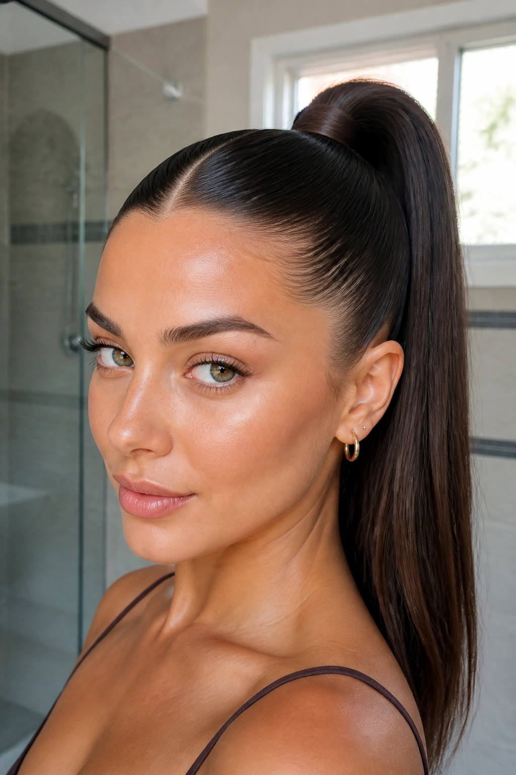 Close-up of a woman with a glass-sleek high ponytail and a smooth crown