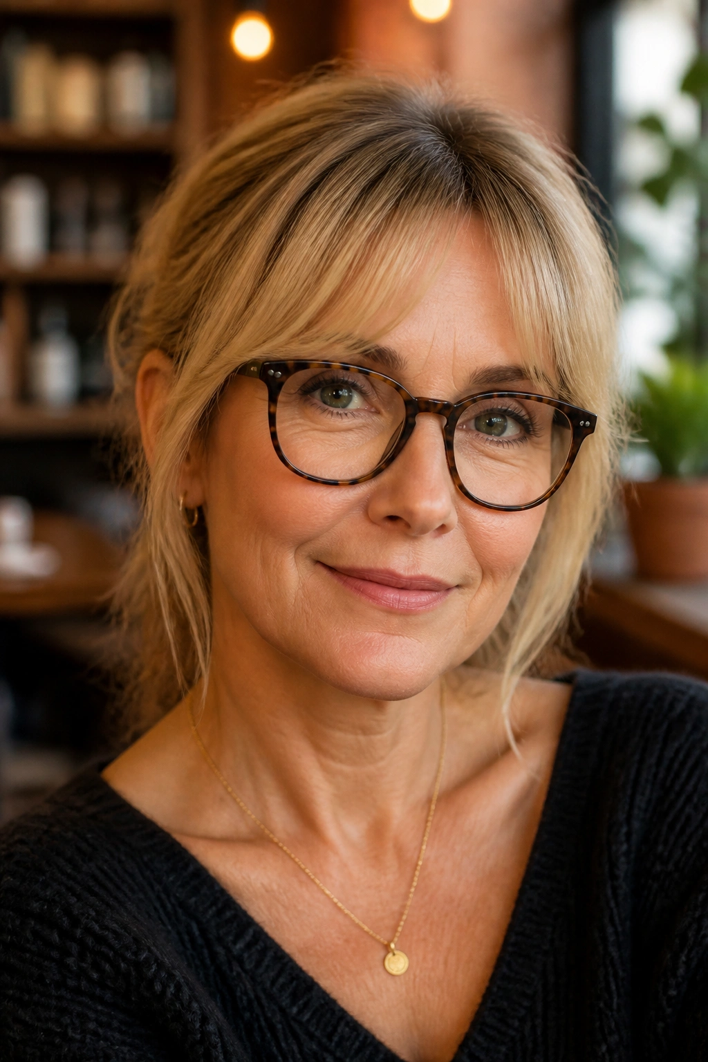 Real woman wearing glasses with bangs that frame the eyes without crowding glasses