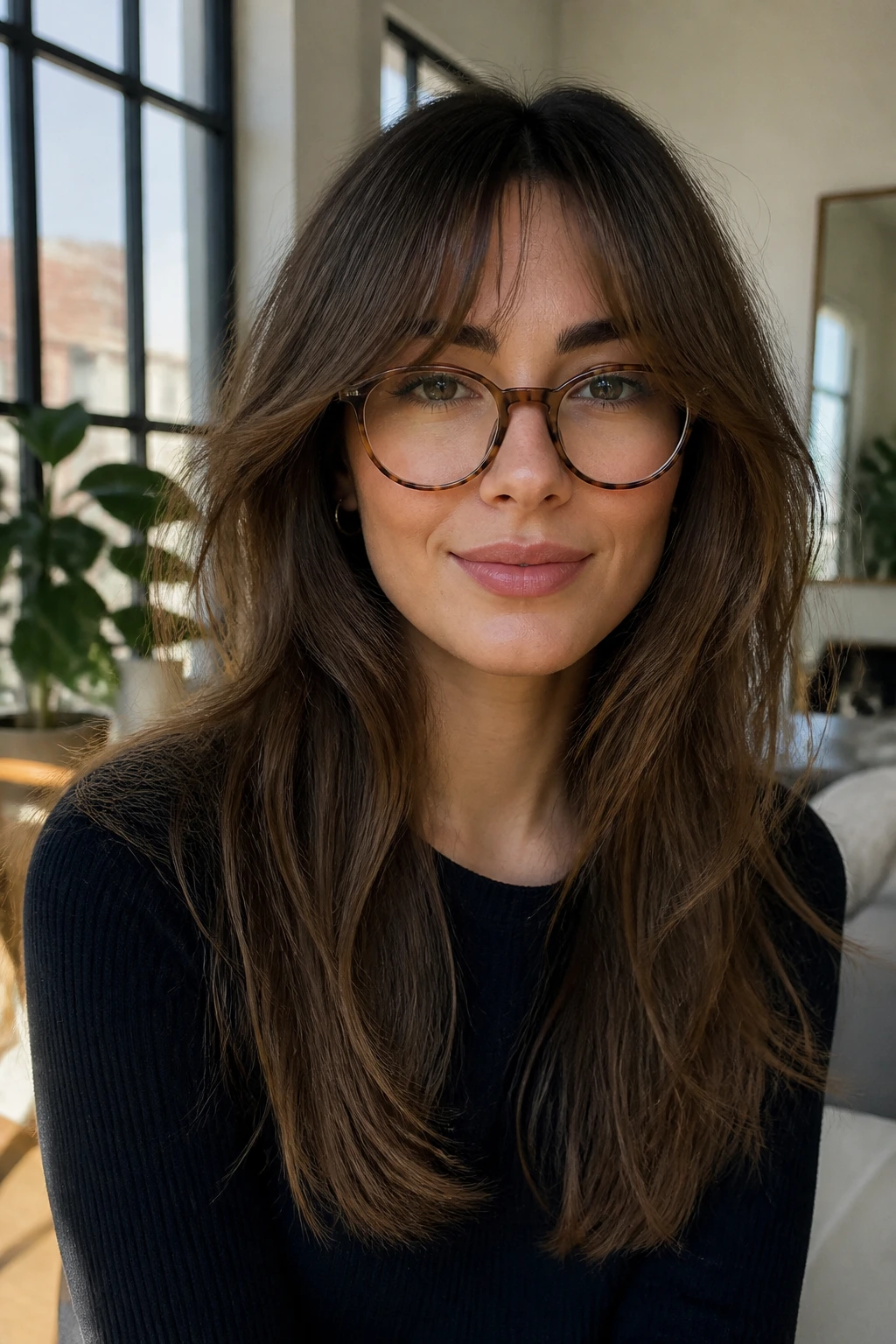 Portrait of a woman with curtain bangs avoiding glasses frames