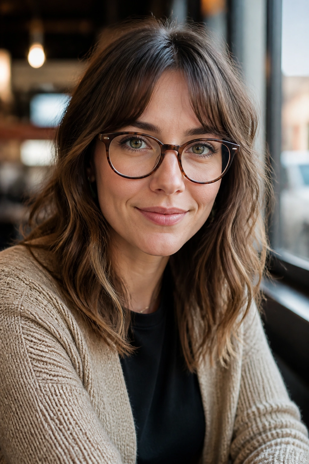 Portrait of a real person with glasses and soft bangs open at the sides to clear frames