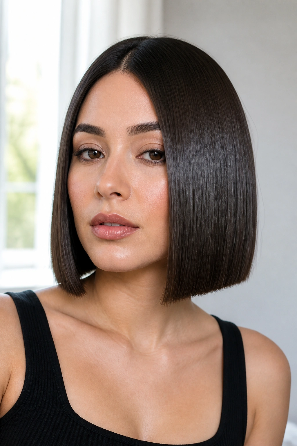Close-up portrait of a woman with a glossy straight bob