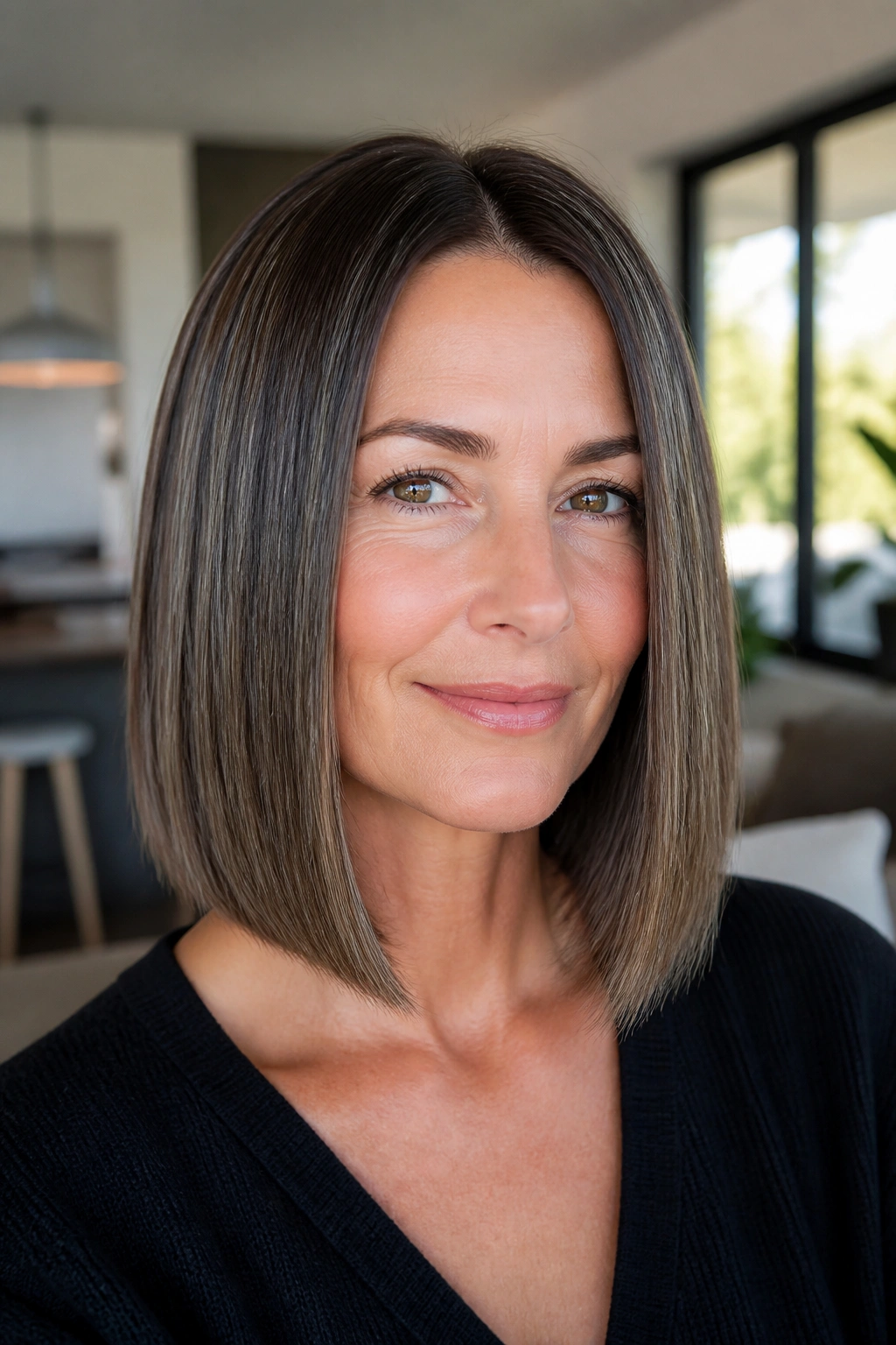 Close-up of a woman with a glossy straight lob and shine