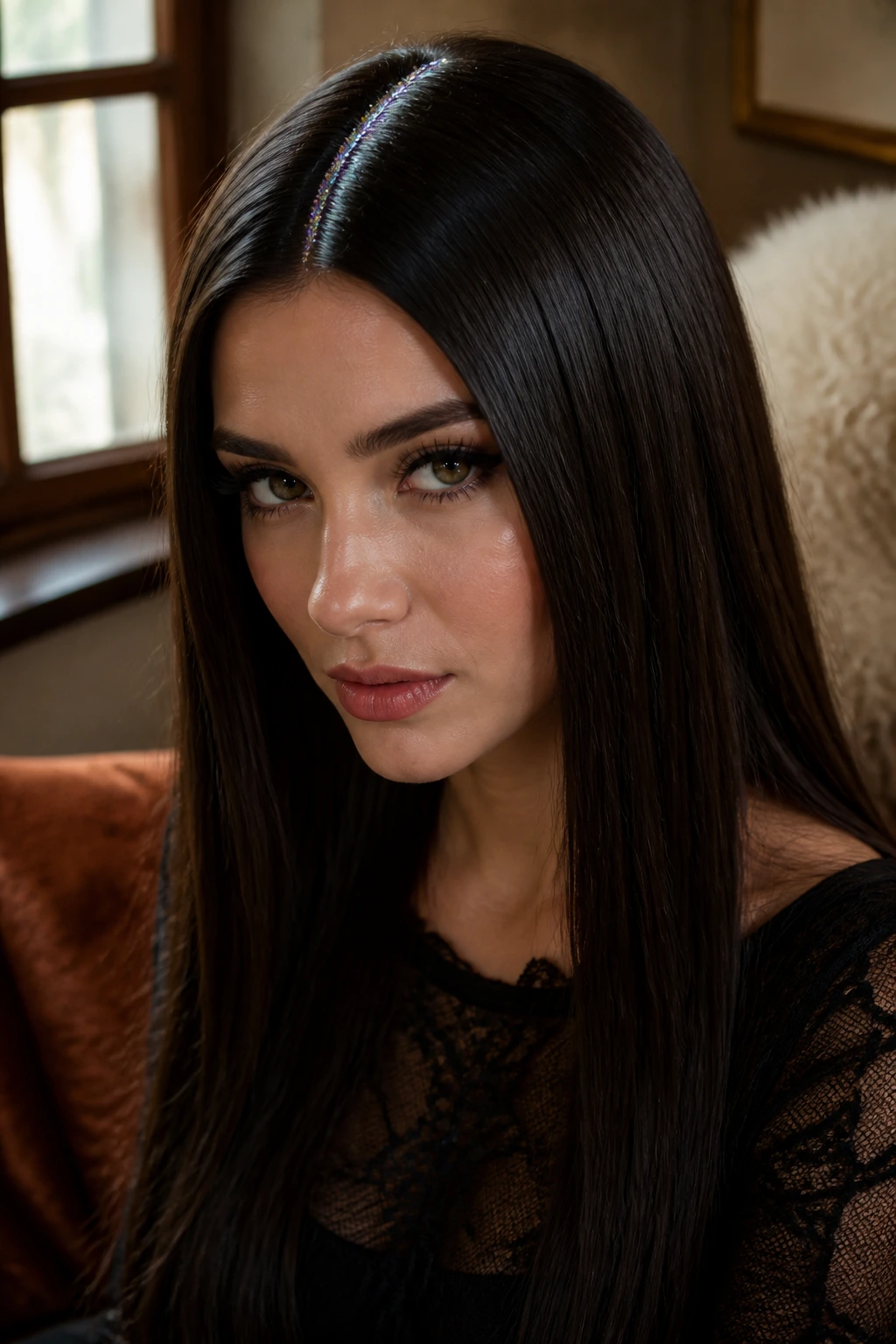 Close-up of a real woman with a glitter-parted long straight hairstyle