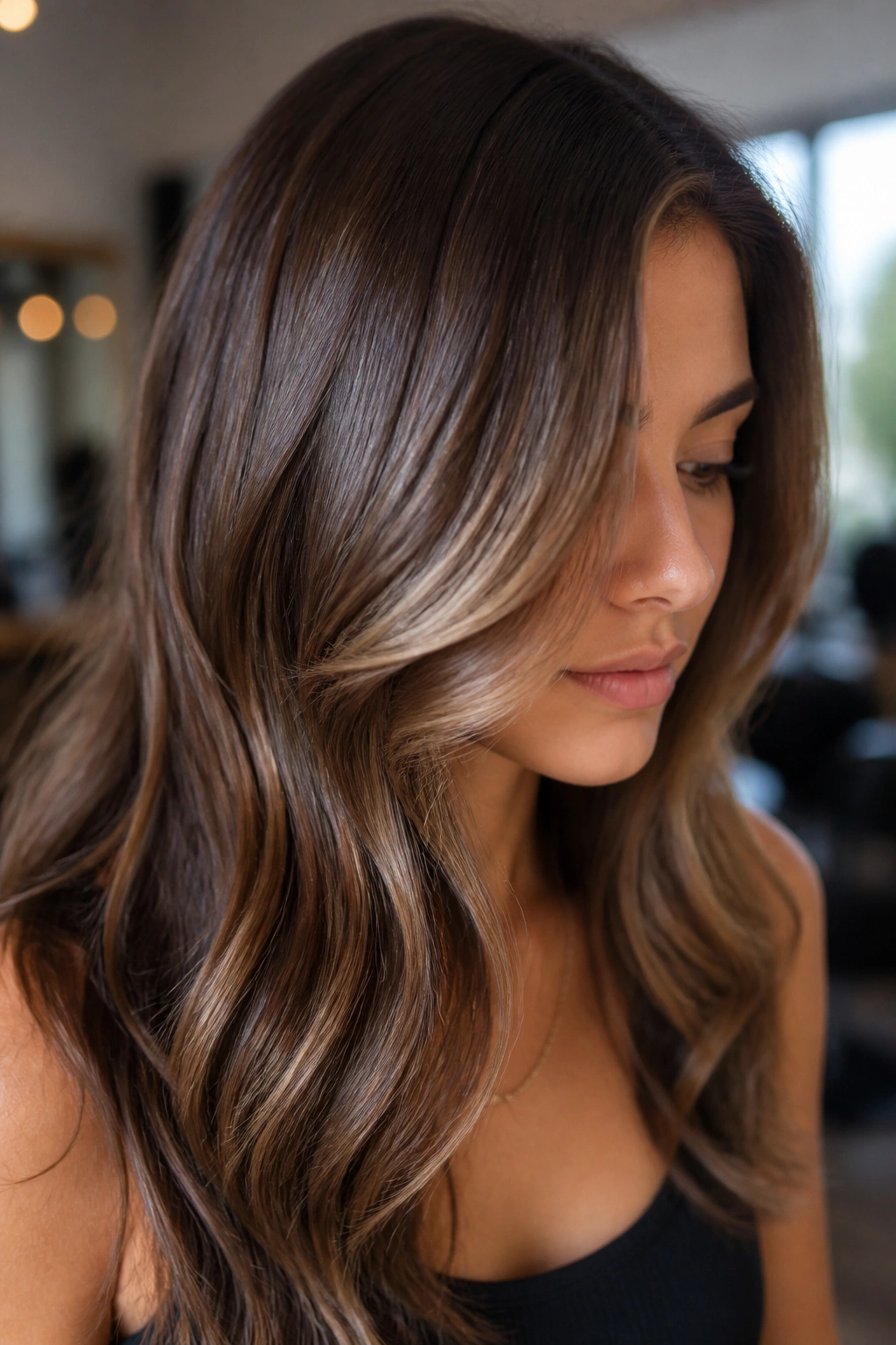 Close-up of a real woman with glossy, tonally adjusted hair