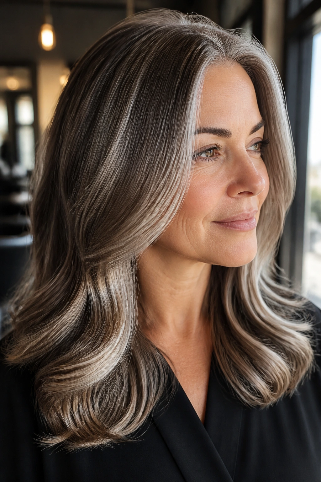 Close-up portrait of a real woman with glossy hair after a gloss refresh