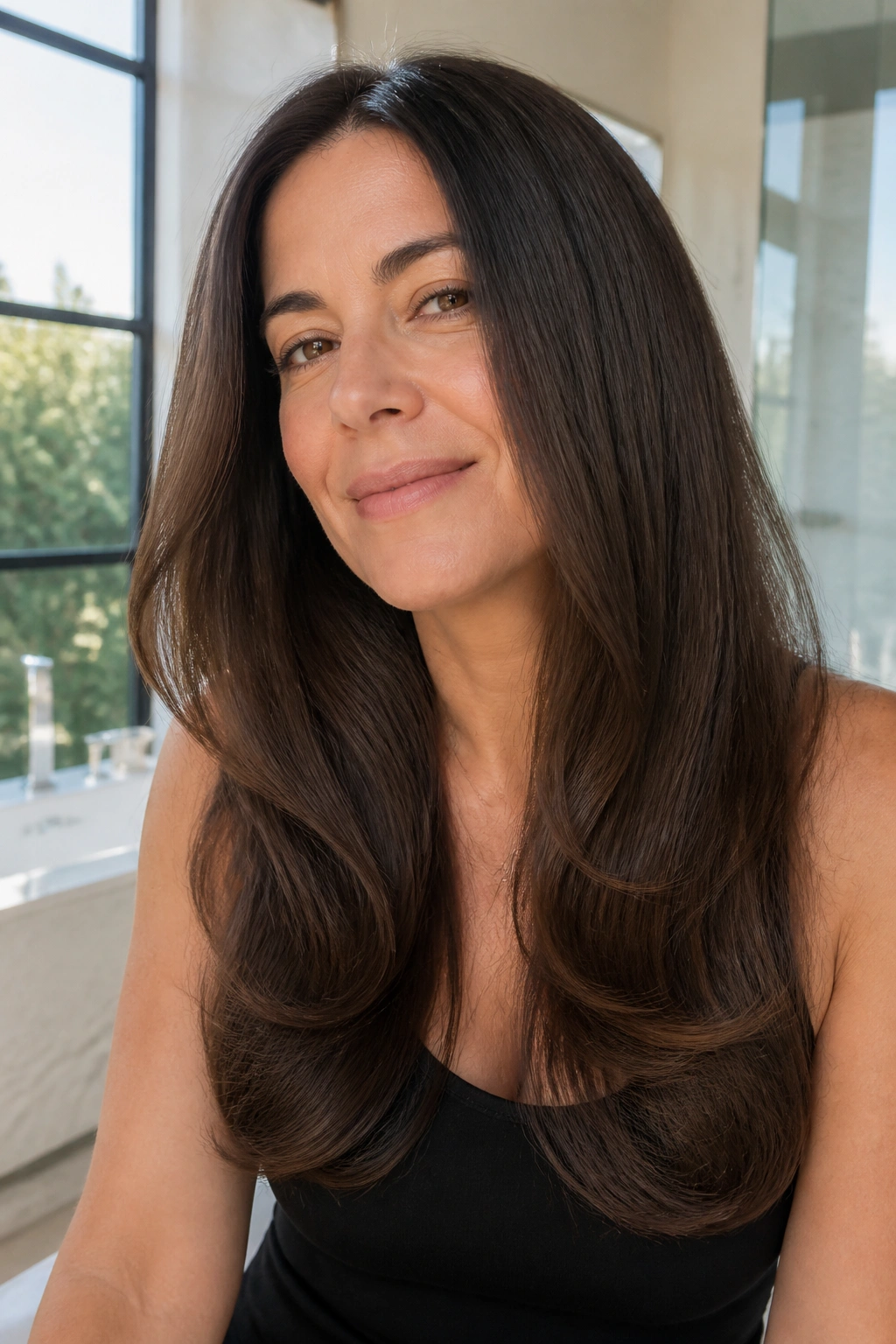 Close-up of a real woman with a glossy long brunette blowout and rounded ends.