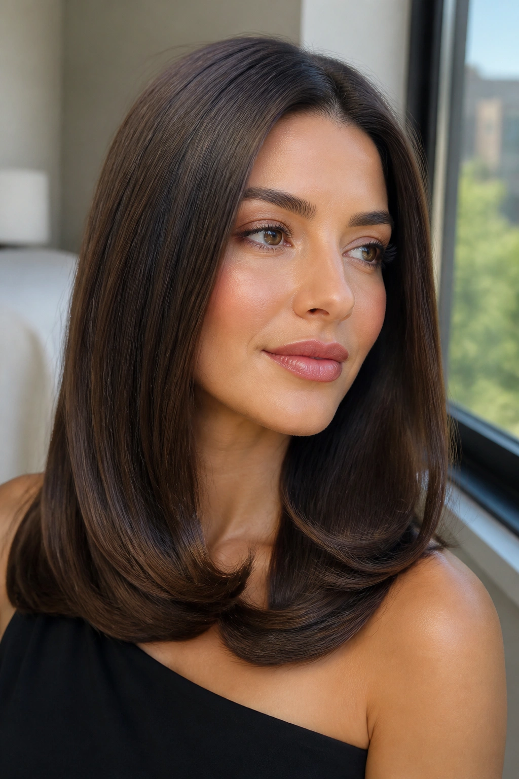 Portrait of a woman with a glossy blowout and tucked ends.