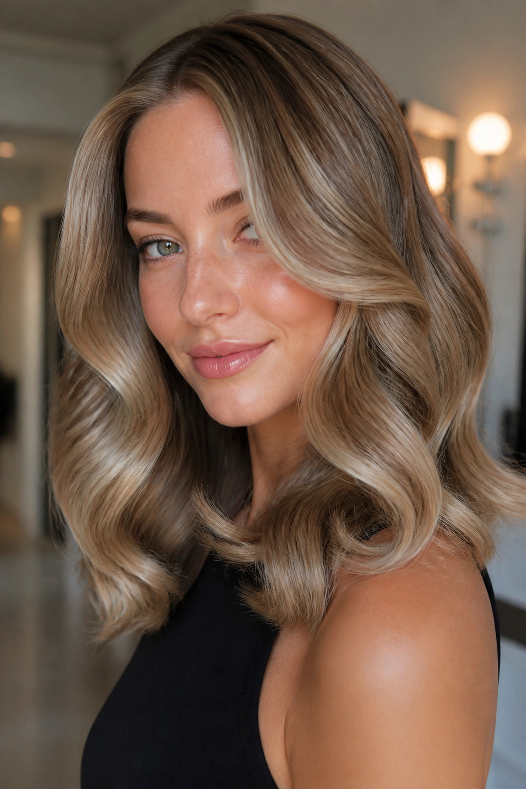 Close-up of a person with glossy, smooth waves created by blowout technique in a bright room.