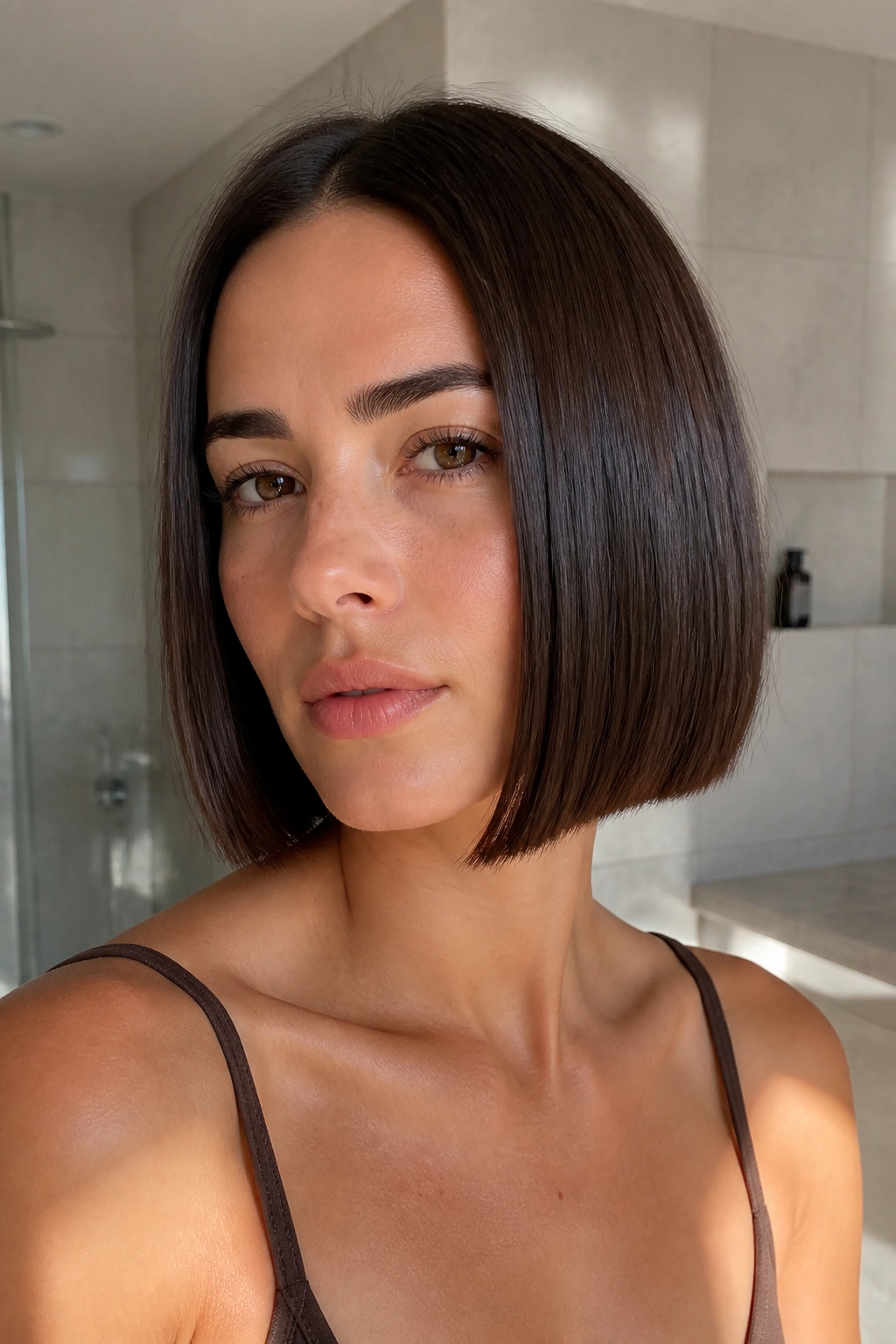 Close-up portrait of a real woman with a glossy chin-length brunette bob in soft window light.