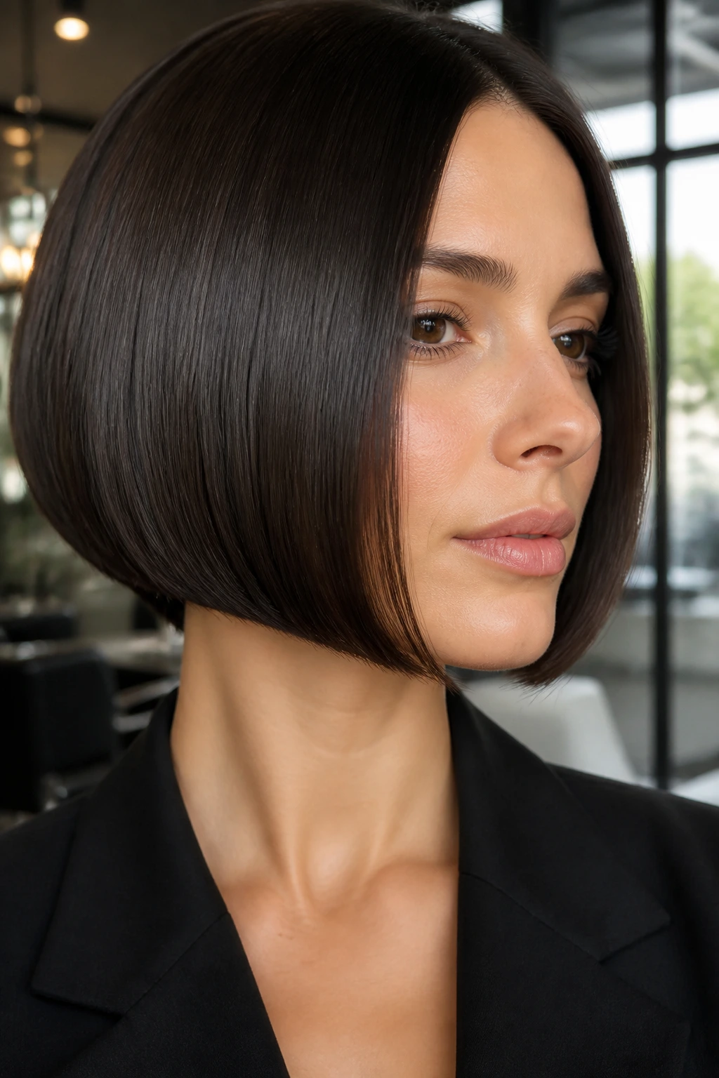 Portrait of a real person with a glossy, smooth Italian bob in a modern salon setting.