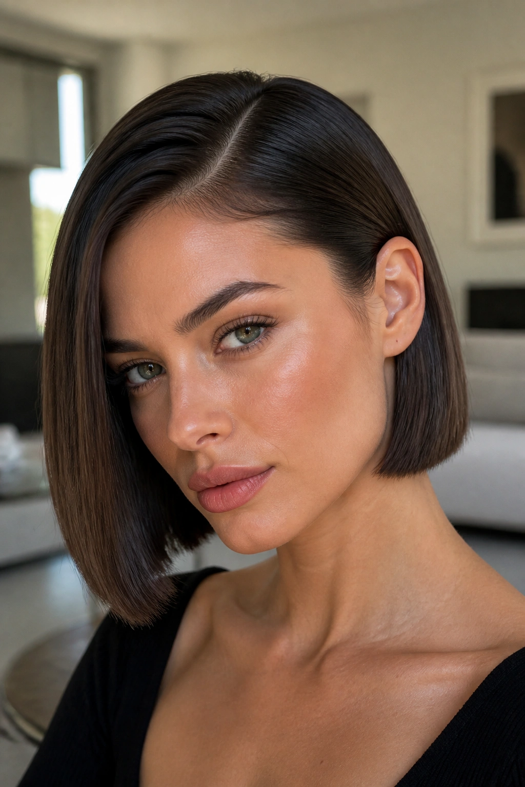 Portrait of a real woman with glossy side-part bob tuck behind ear