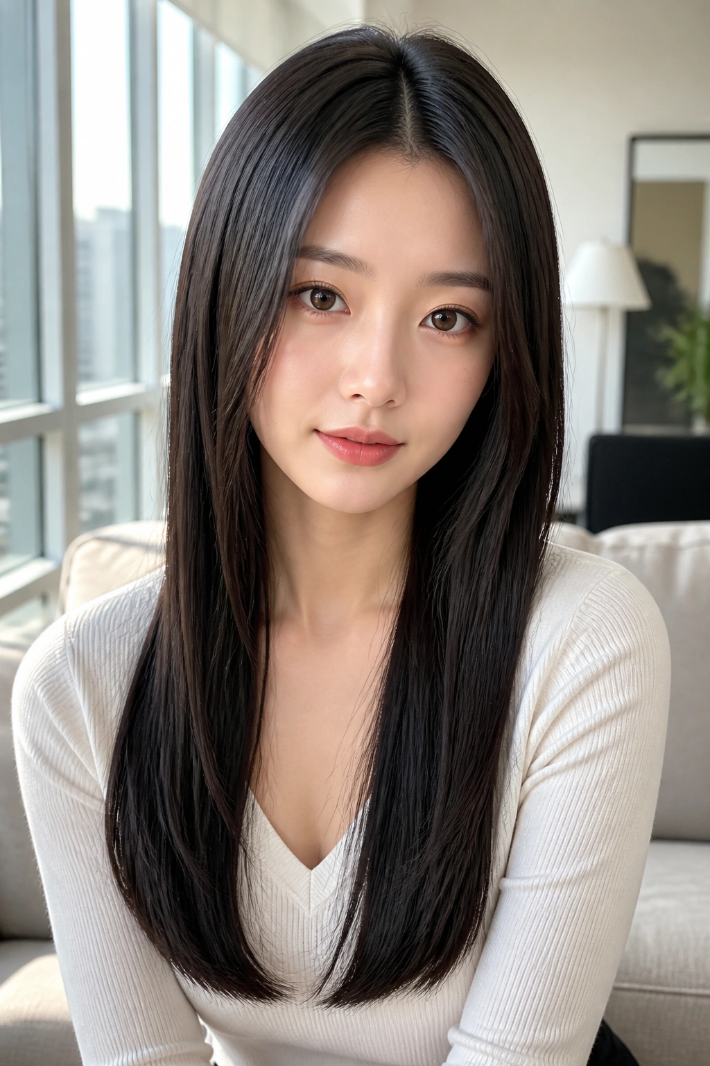 Close-up of a real woman with glossy, center-part straight hair in a sunlit room