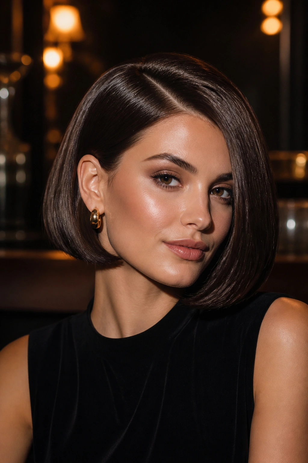 Close-up of a woman with a glossy French bob styled for evenings out in a warm lounge